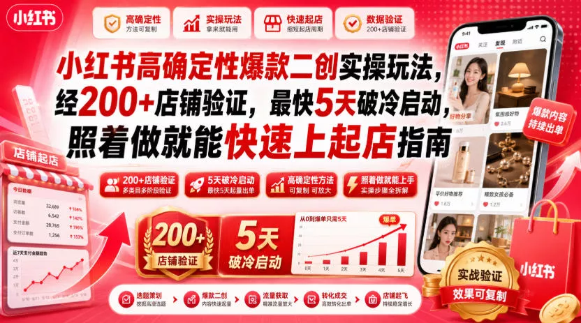 小红书高确定性爆款二创实操玩法，经200+店铺验证，最快5天破冷启动，照着做就能快速上起店指南-资源之家