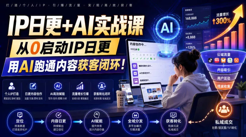 IP日更+AI实战课,从0启动IP日更,IP置顶视频制作+100条选题库搭建+10条日更规划,用AI跑通内容获客闭环!-资源之家