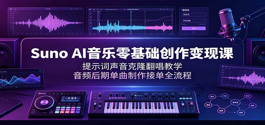 Suno AI音乐零基础创作变现课:提示词声音克隆翻唱教学,音频后期单曲制作接单全流程-资源之家