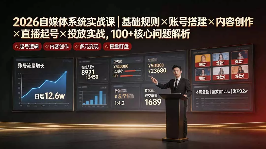 2026自媒体系统实战课|基础规则×账号搭建×内容创作×直播起号×投放实战,100+核心问题解析-资源之家