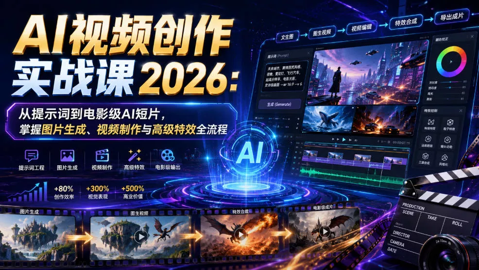 AI视频创作实战课2026：从提示词到电影级AI短片，掌握图片生成、视频制作与高级特效全流程-资源之家