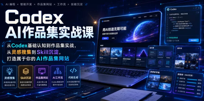Codex AI作品集实战课，从Codex基础认知到作品集实战，从灵感搜集到Skill沉淀，打造属于你的AI作品集网站-资源之家