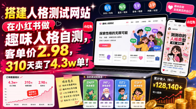 搭建人格测试网站在小红书做趣味人格自测，客单价2.98，310天卖了4.3w单！-资源之家