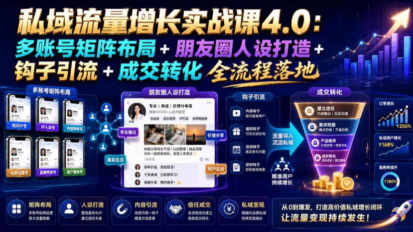 私域流量增长实战课4.0：多账号矩阵布局+朋友圈人设打造+钩子引流+成交转化全流程落地-资源之家