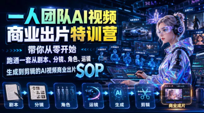 一人团队AI视频商业出片实战课:带你从零开始跑通一套从剧本、分镜、角色、运镜、生成到剪辑的AI视频商业出片SOP-资源之家