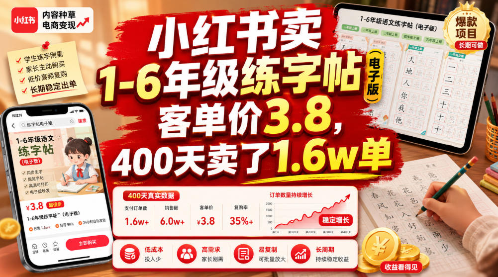 小红书卖1-6年级练字帖（电子版），客单价3.8，400天卖了1.6w单-资源之家
