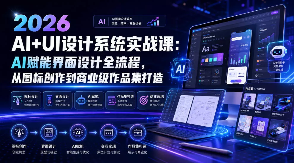 2026 AI+UI设计系统实战课：AI赋能界面设计全流程，从图标创作到商业级作品集打造-资源之家