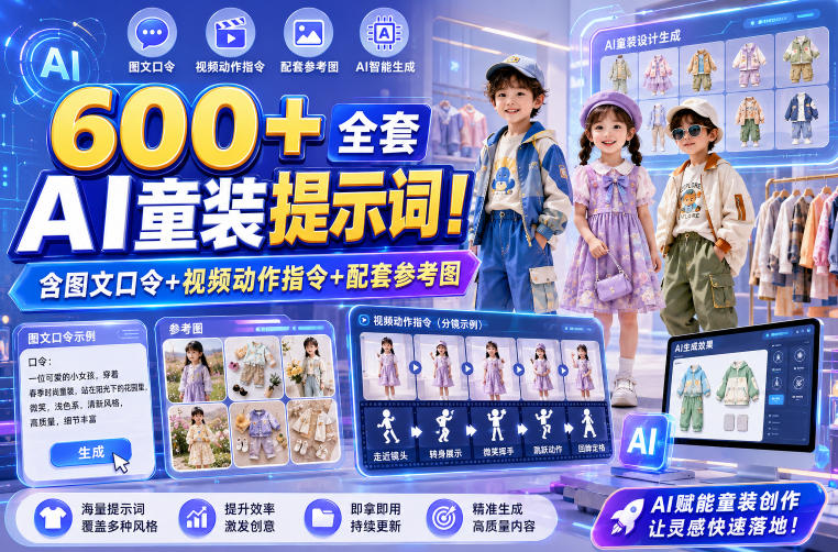 600+全套AI童装提示词!含图文口令+视频动作指令+配套参考图,Word-Excel规整分类,童装电商、种草无脑量产内容!-资源之家